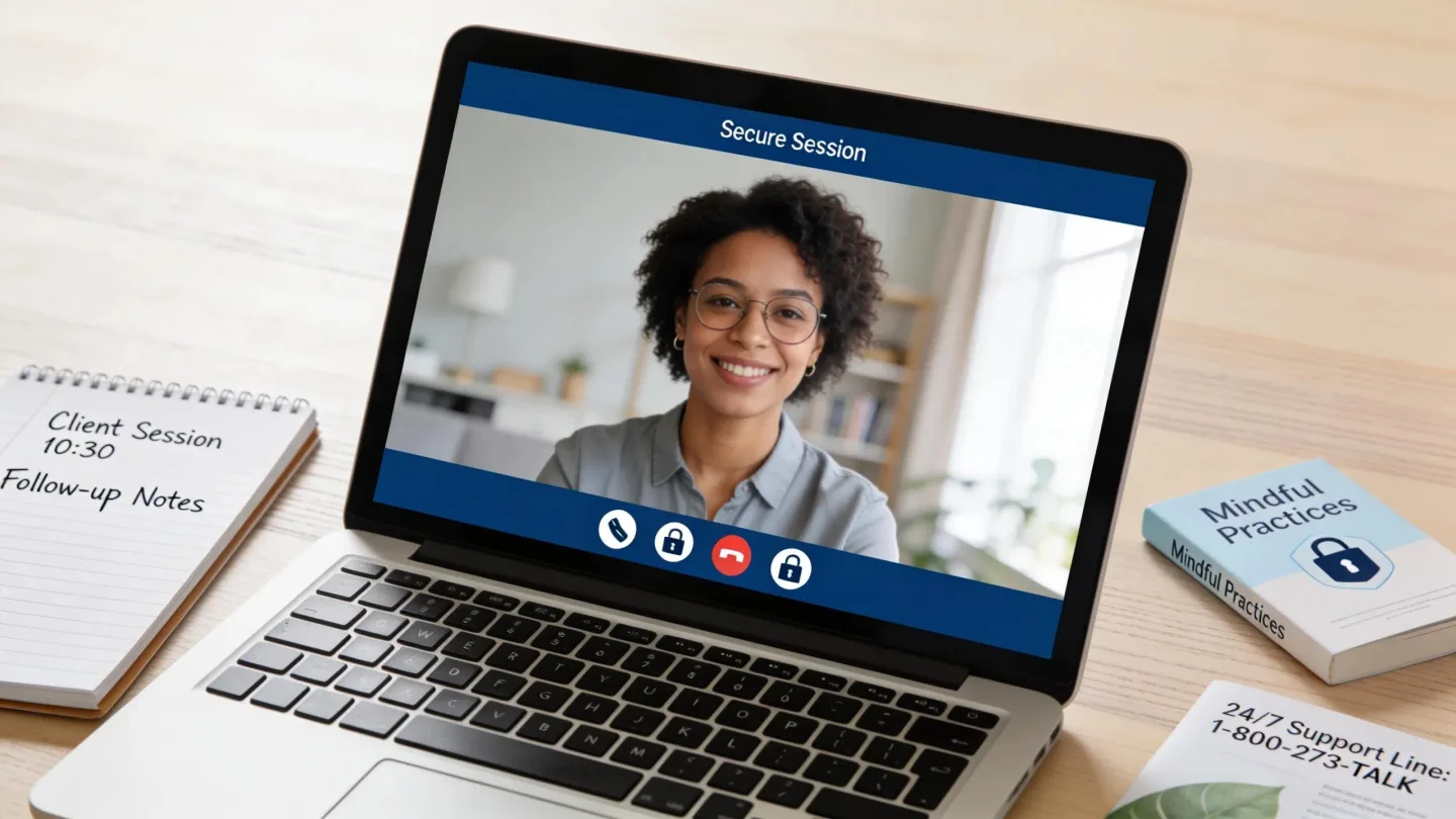 Close-up view of a secure telehealth video call interface emphasizing the technology used in remote psychiatric care